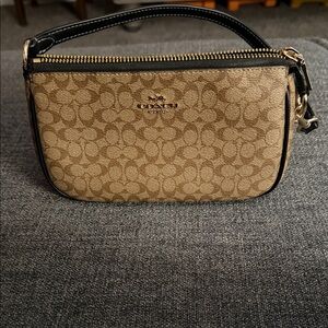 Coach Signature Tan and Black Wristlet